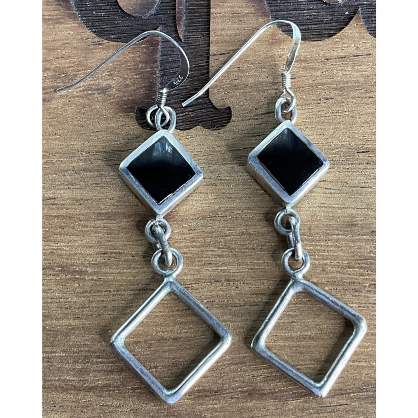 Vintage VC Sterling Silver Black Onyx Square Open Geometric Dangle Drop Earrings