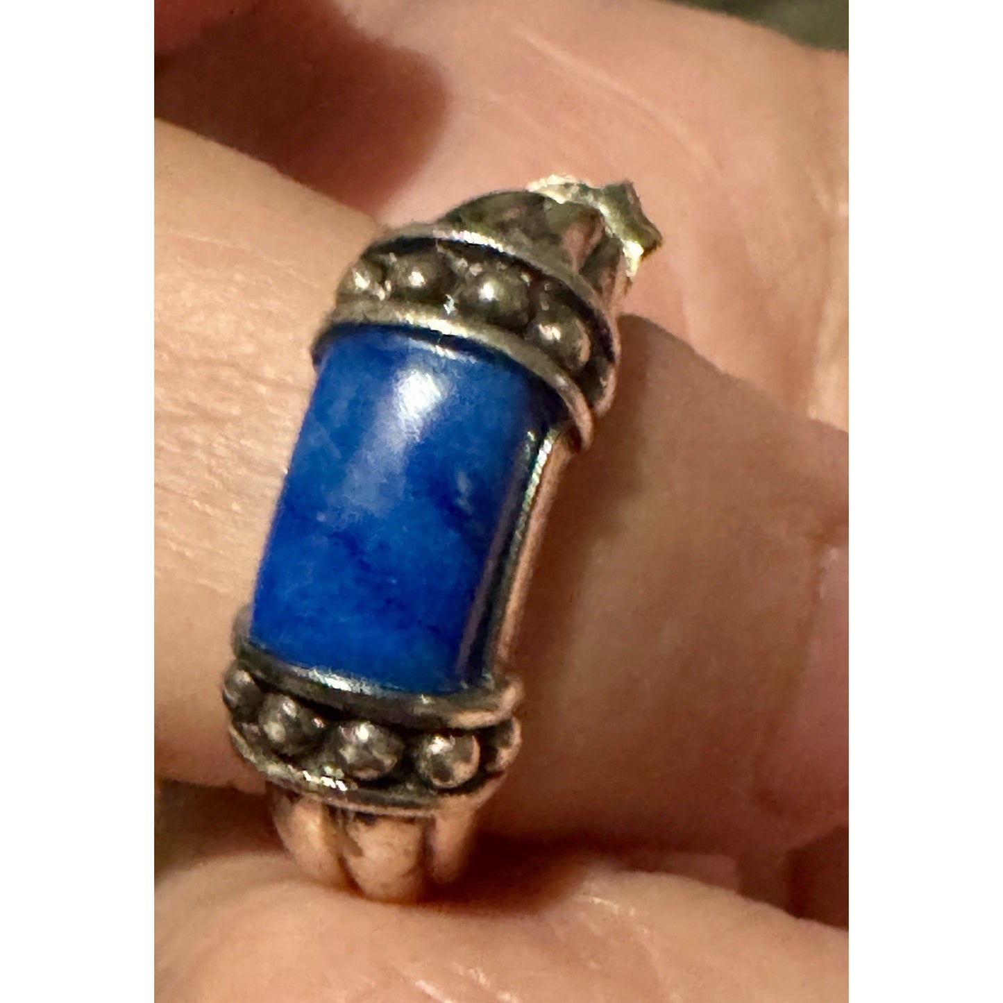 925 Thailand Sterling Silver Lapis Half Hoop Earrings Barrel Beaded Design