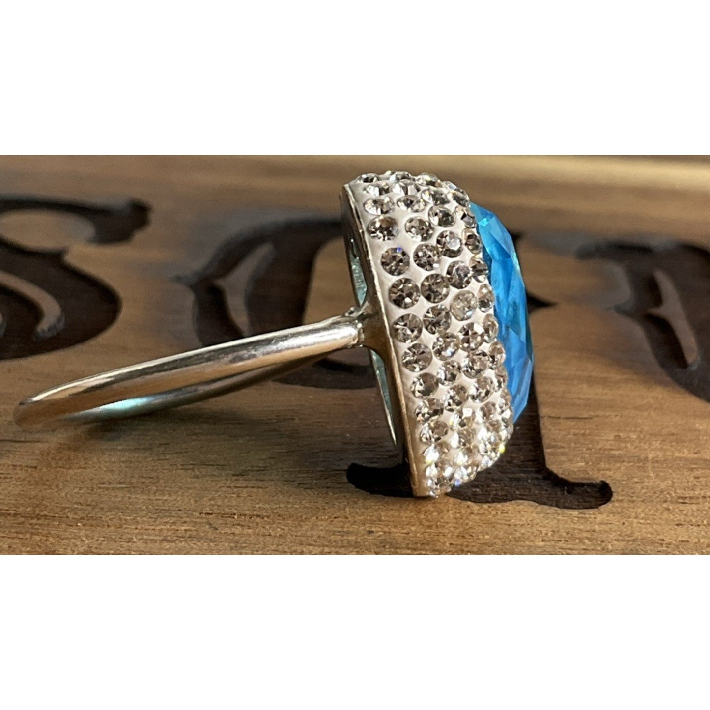 Sterling Silver Blue Heart Ring Adjustable Size 7 CZ Halo Romantic Gift Ring 925