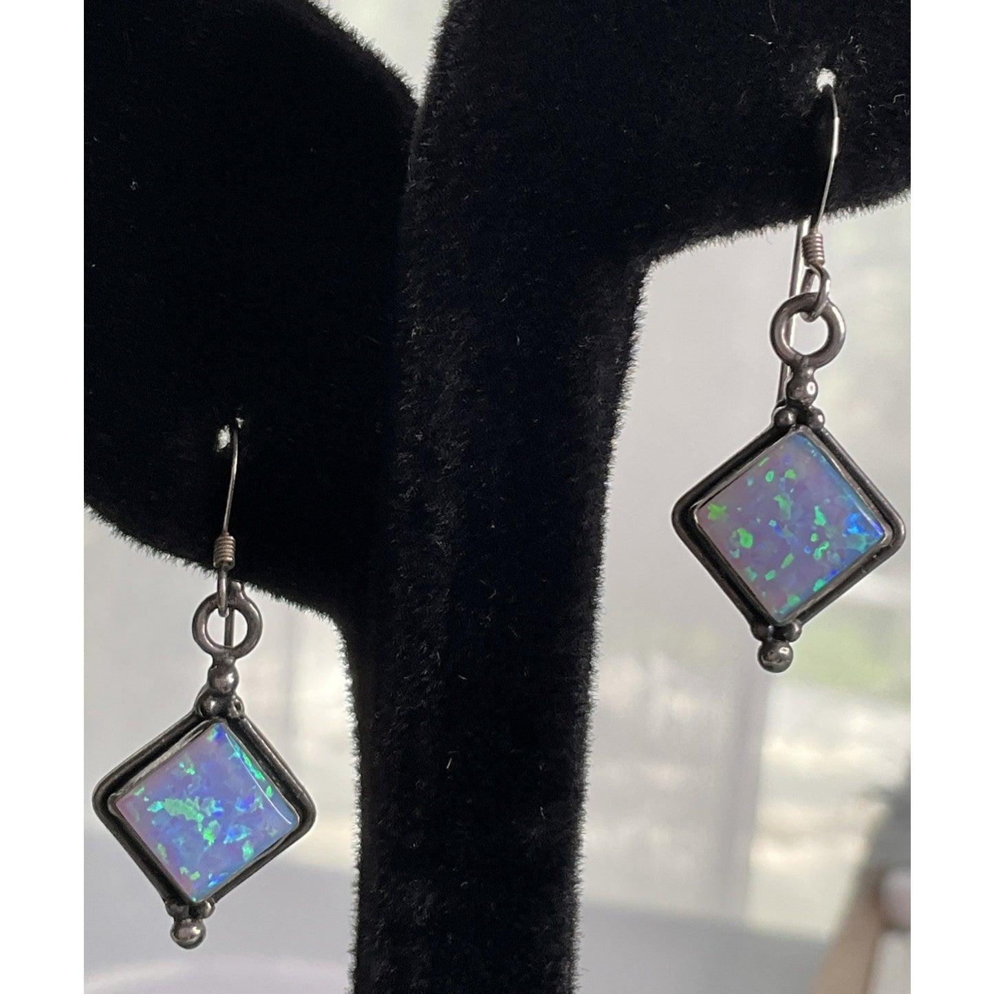 Vintage Sterling Silver Geometric Blue Iridescent Fire Opal Dangle Drop Earrings