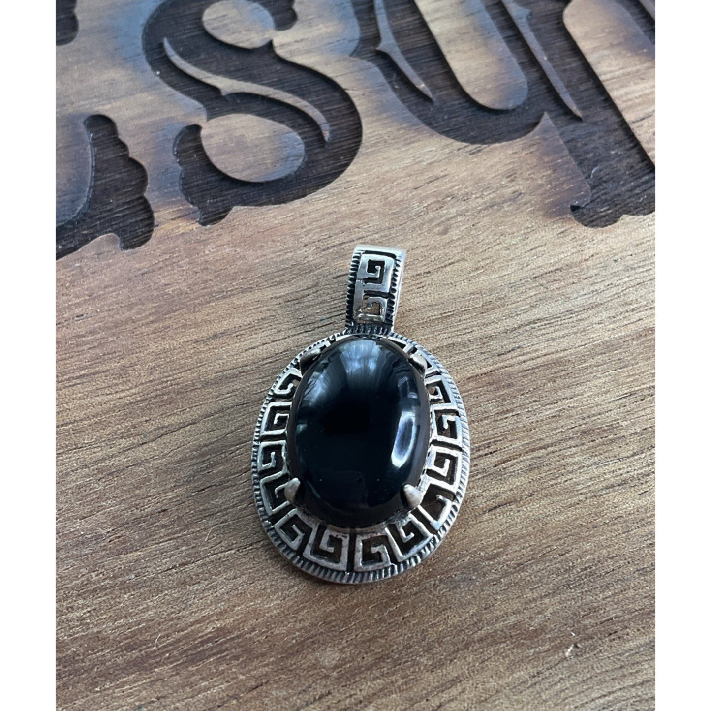 Sterling Silver Black Onyx Pendant 925 Greek Key Oval Cabochon Vintage Style