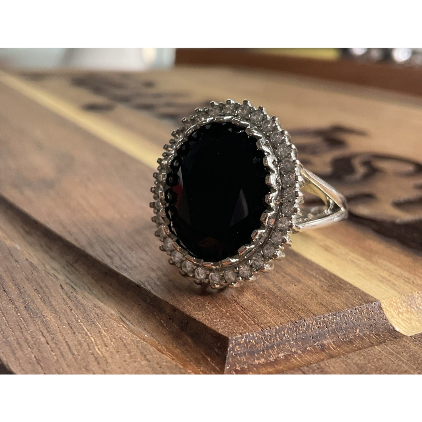 Sterling Silver Black Onyx Ring Size 9 Large Oval Halo CZ Statement Ring 925