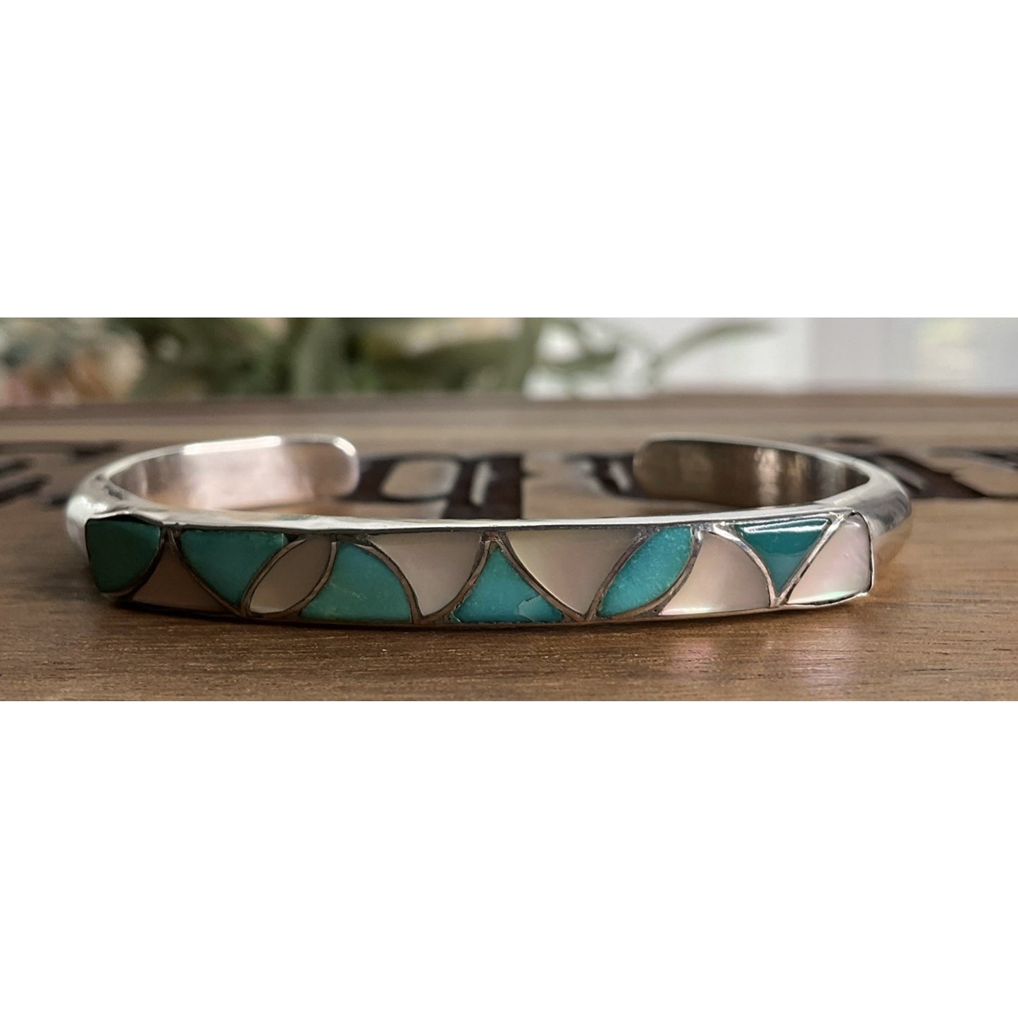 Vintage SKJ Sterling Silver Turquoise Inlay Cuff Bracelet 26g