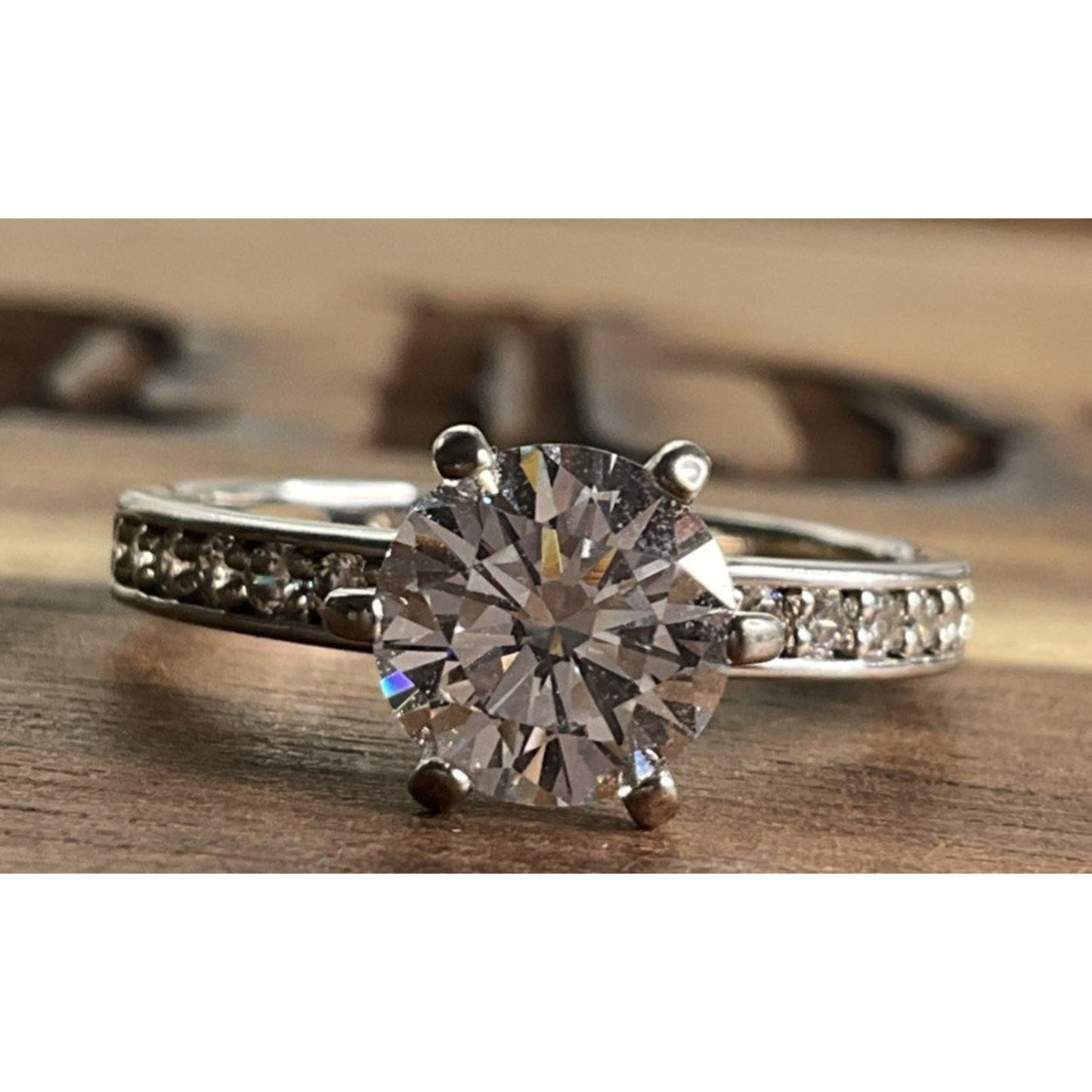 SU Sterling Silver Glass Solitaire Ring Moissanite Accents Size 6.5