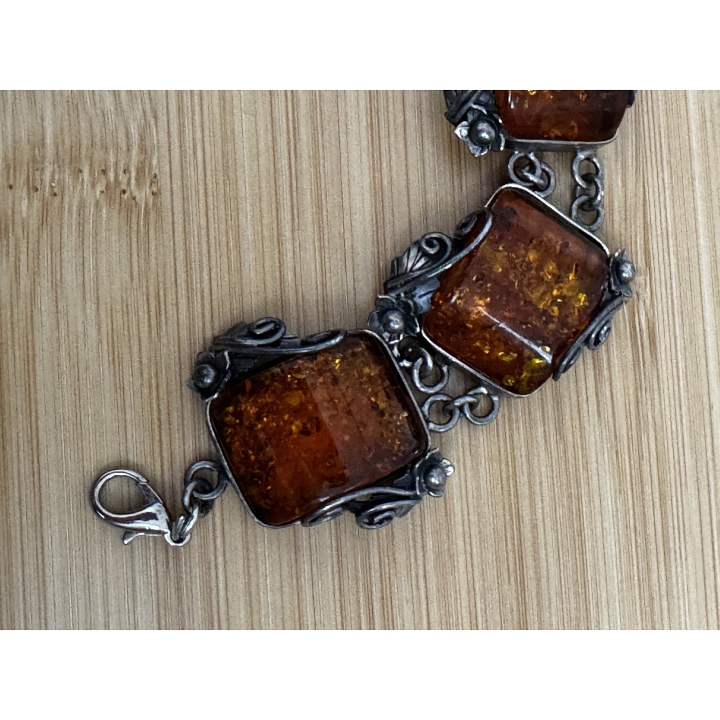 Vintage Baltic Amber Panel Bracelet Sterling Silver Art Nouveau 7 3/4” 51 Grams