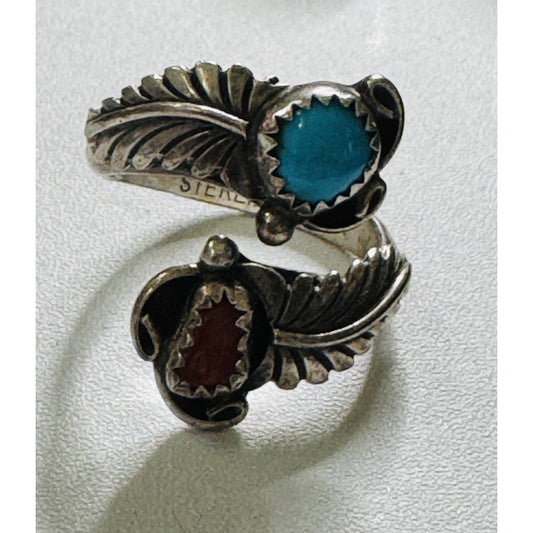 Vintage Navajo Sterling Silver Turquoise & Coral Bypass Ring RB Running Bear S 7