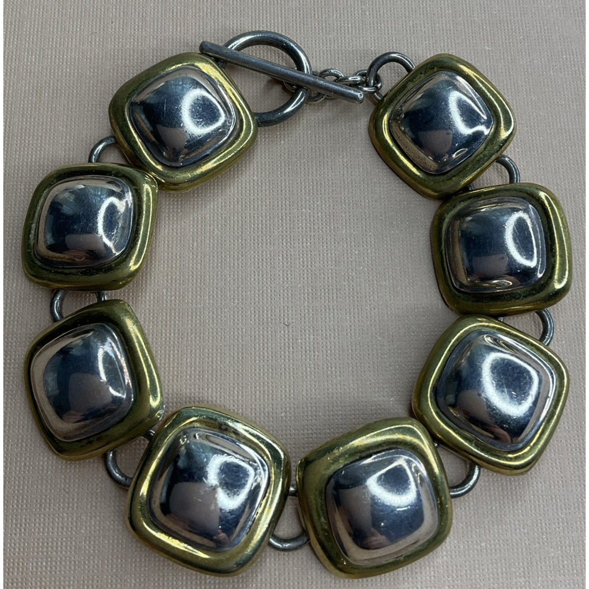 Mexico 925 Sterling Silver Two Tone Square Link Bracelet 36g Toggle 7.5”