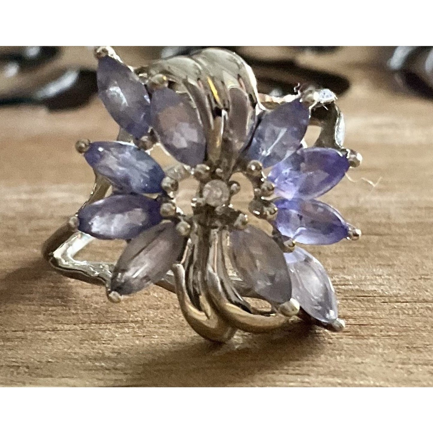Sterling Silver 925 Lavender Lilac Stone Floral Cluster Ring Marquise Cut Size 7