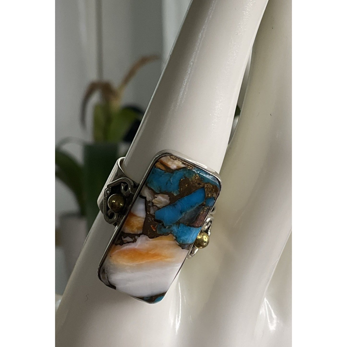 Large Turquoise Shell Inlay Ring Sterling Silver Size 9.5