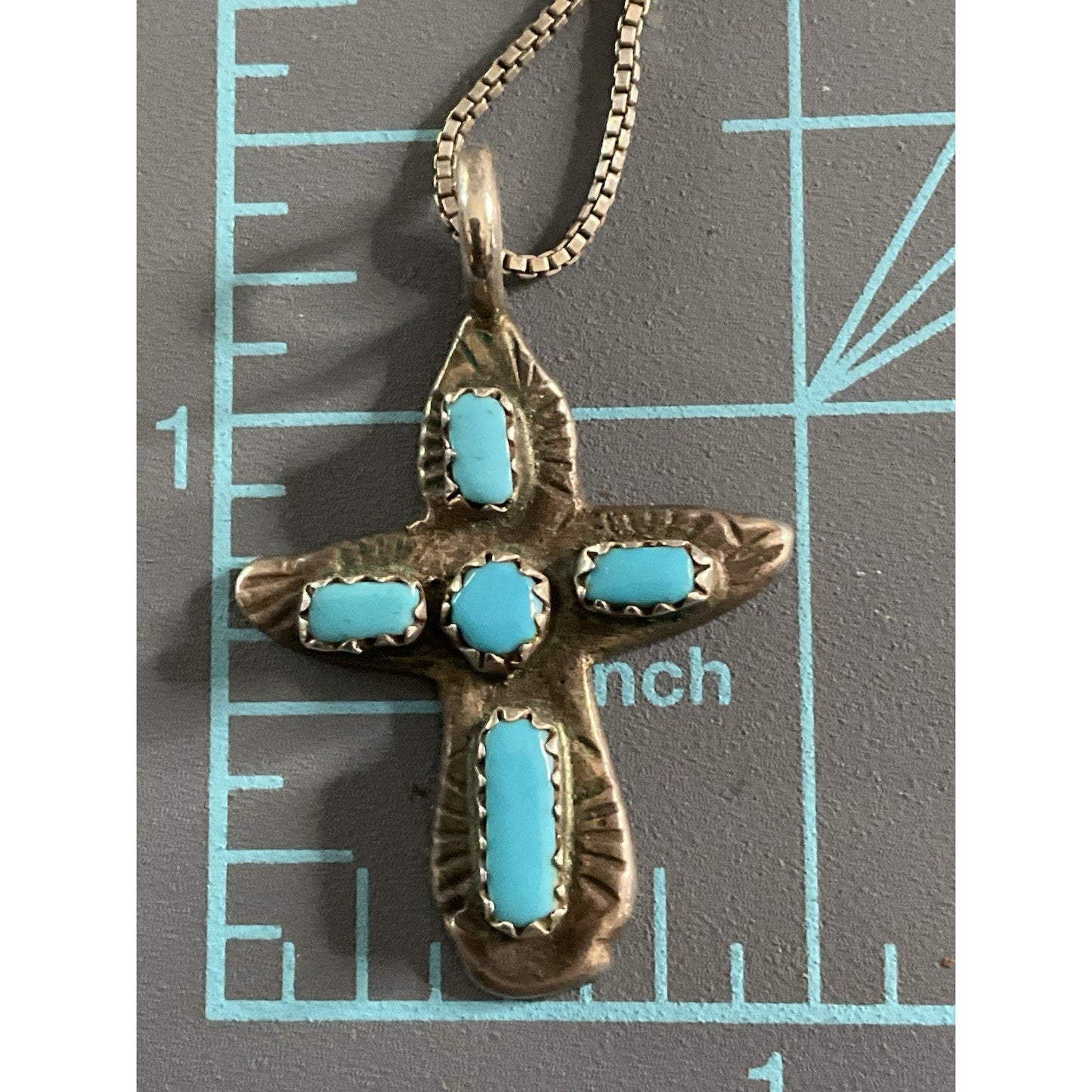Vintage Sterling Turquoise Native American Signed Cross Pendant & 24” Chain 925