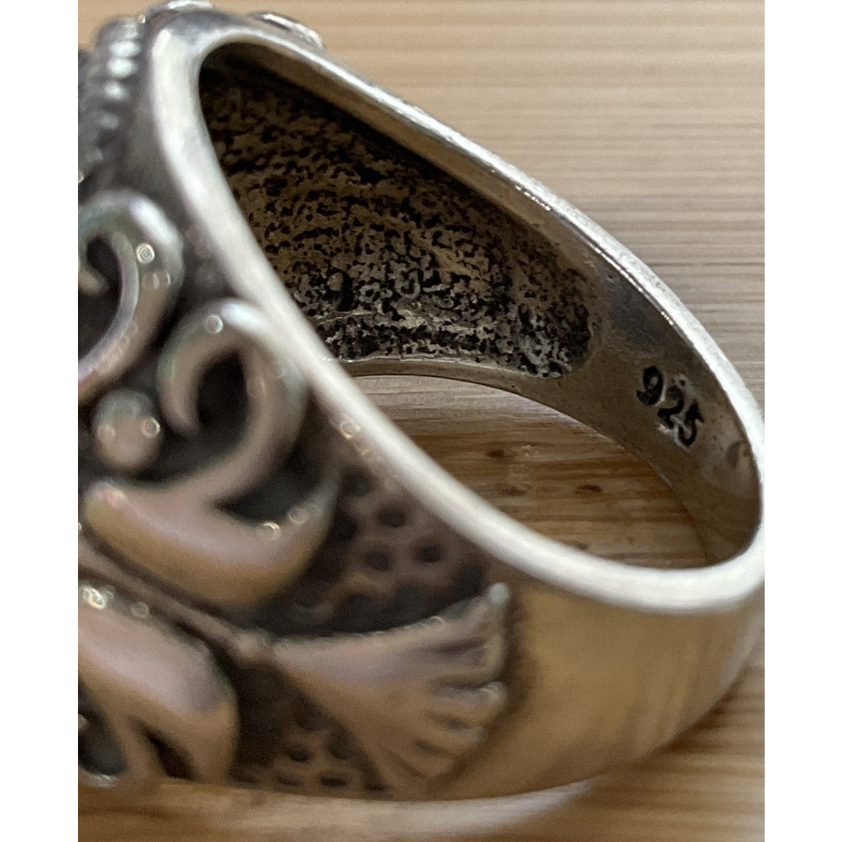 Vintage White Cat’s Eye Cabochon Statement Sterling Silver Ring Scrollwork Sz 6