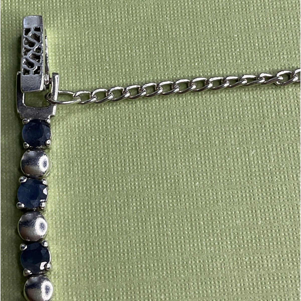 Vintage 925 Sterling Silver Blue Sapphire Tennis Bracelet 14g 7.25” Safety Chain