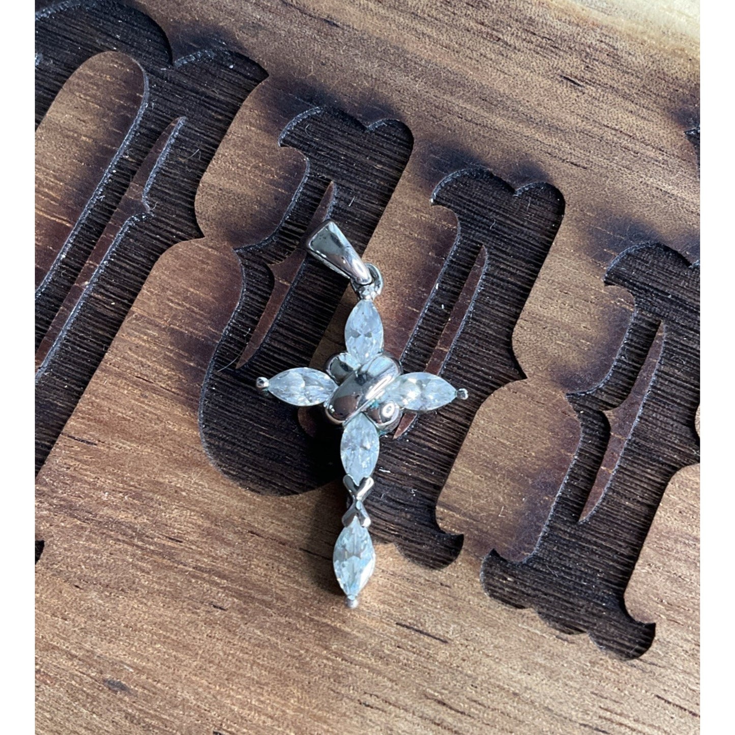 Sterling Silver Cross Pendant Clear CZ Marquise Cut Religious Jewerly