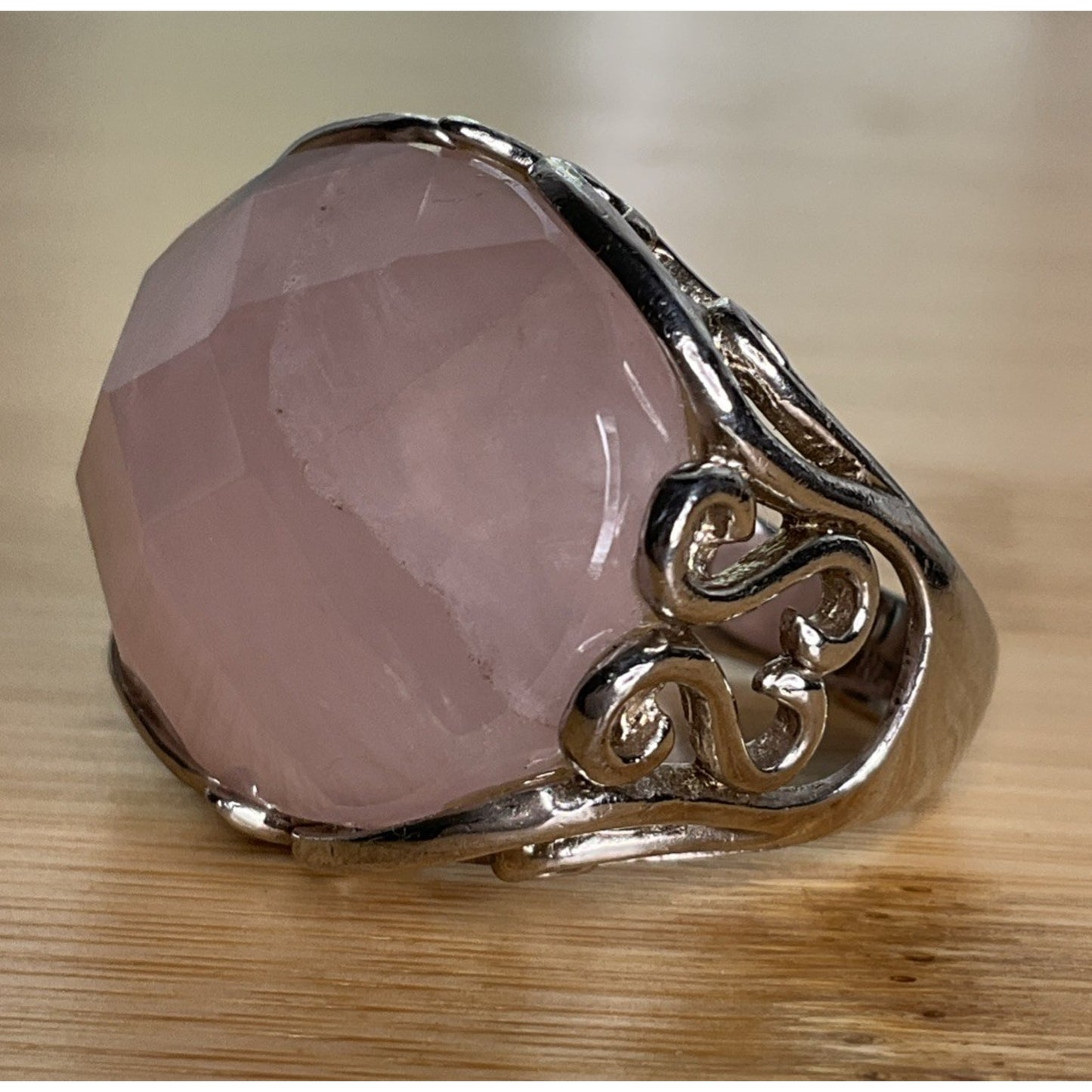 Vintage Sterling Silver Pink Faceted Rose Quartz Statement Ring Size 8.5