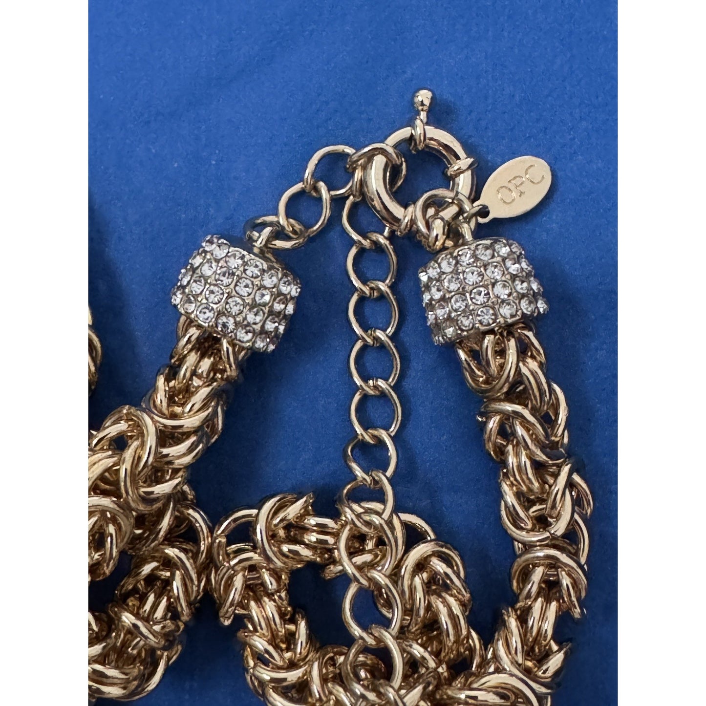 Premier Designs OPC 32” Heavy Byzantine Gold Tone Necklace 176g Rhinestone Caps