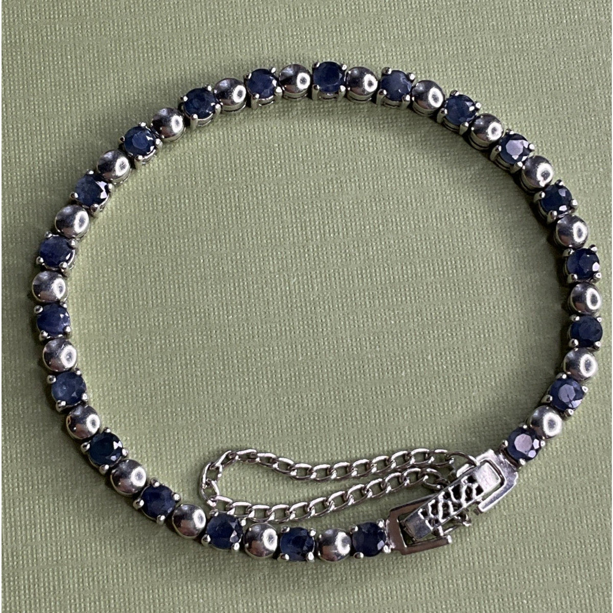 Vintage 925 Sterling Silver Blue Sapphire Tennis Bracelet 14g 7.25” Safety Chain