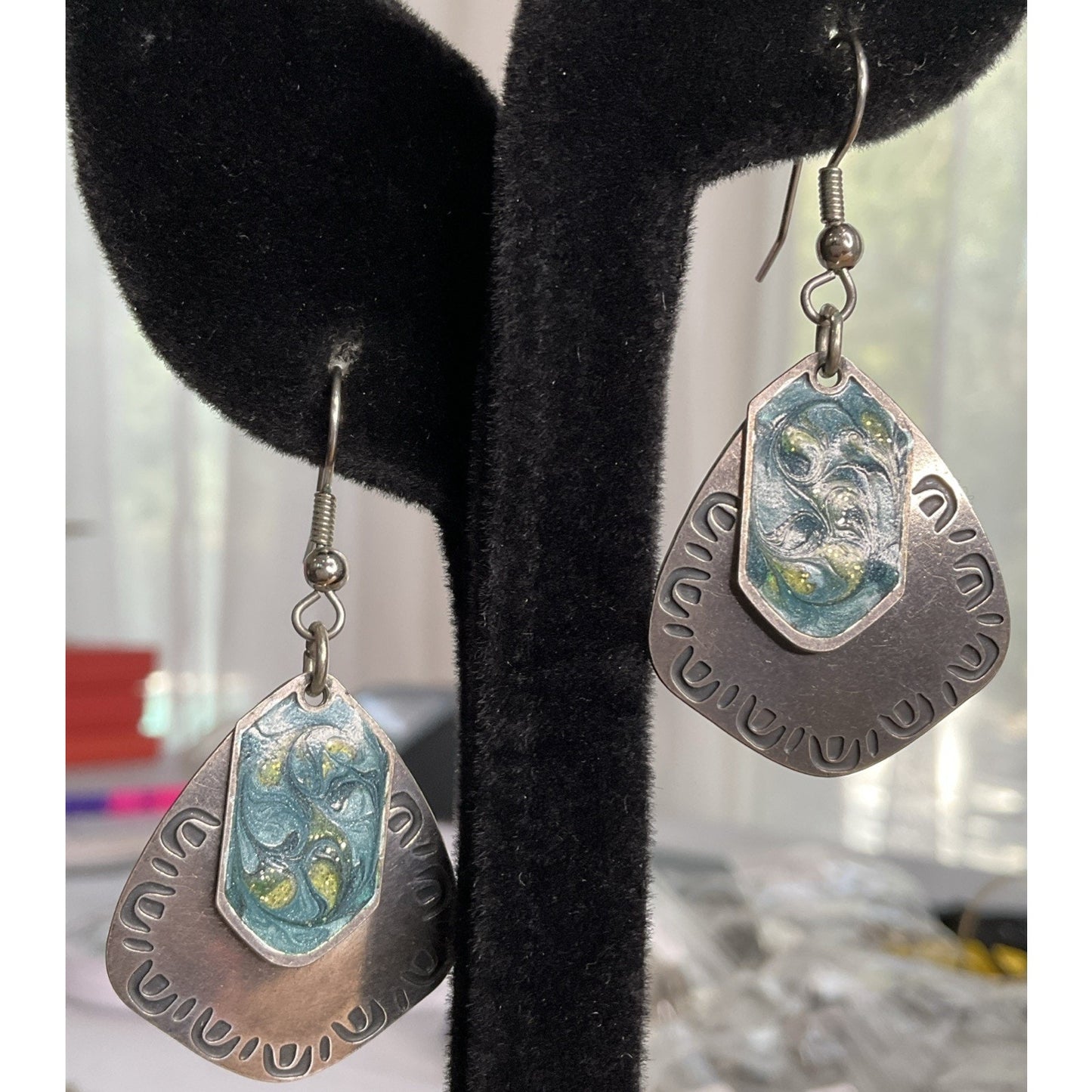 Vintage Sterling Silver Blue Enamel Mixed Metal Dangle 925 Earrings Signed NF