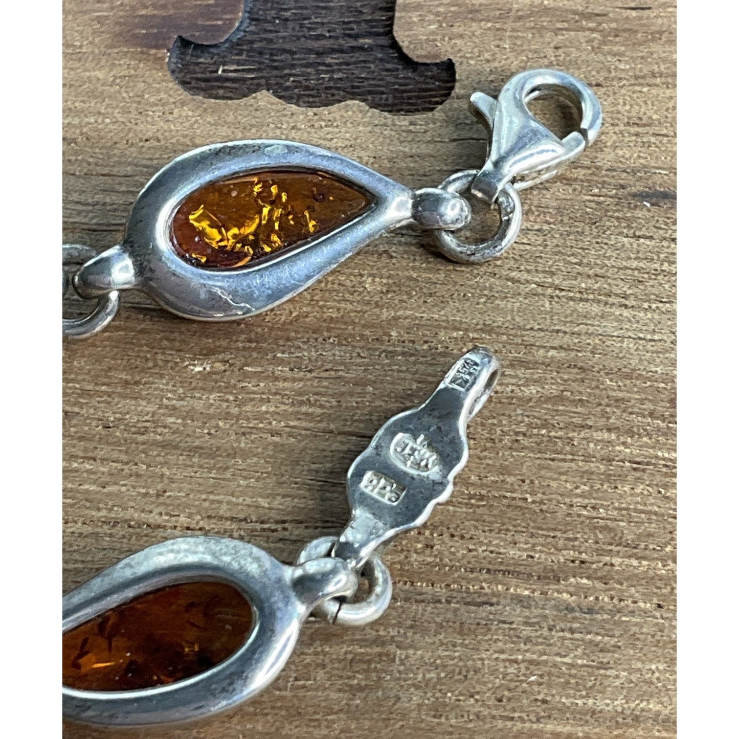 Vintage Sterling Silver 925 Amber Teardrop Link Bracelet 7.5”