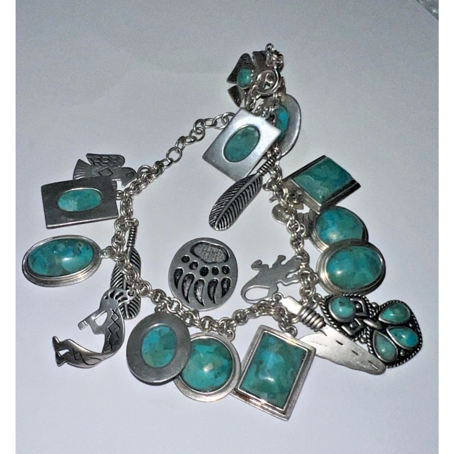 Vintage Sterling Silver Turquoise Charm Bracelet Southwestern Native Style 44g