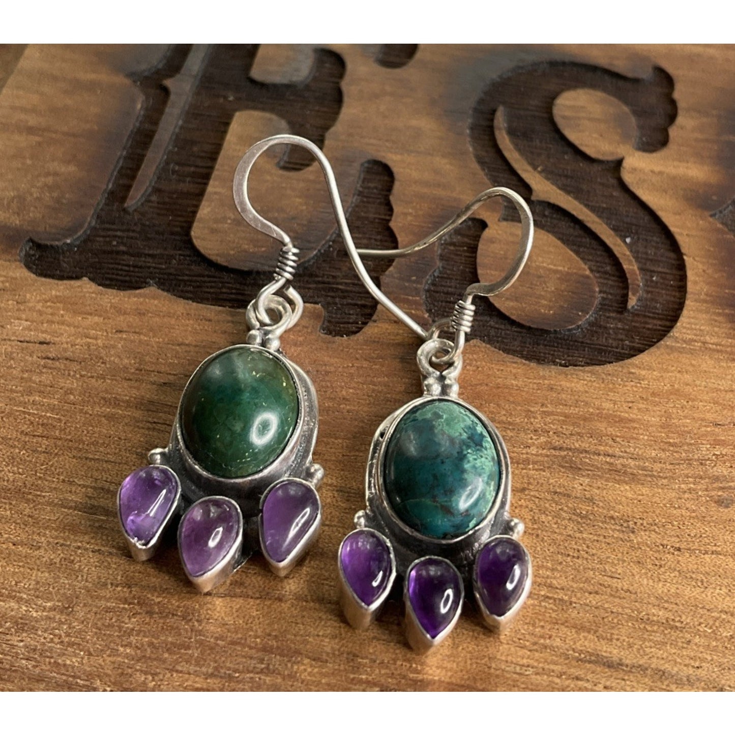 Sterling Silver Chrysocolla Amethyst Purple Dangle Earrings Boho 925