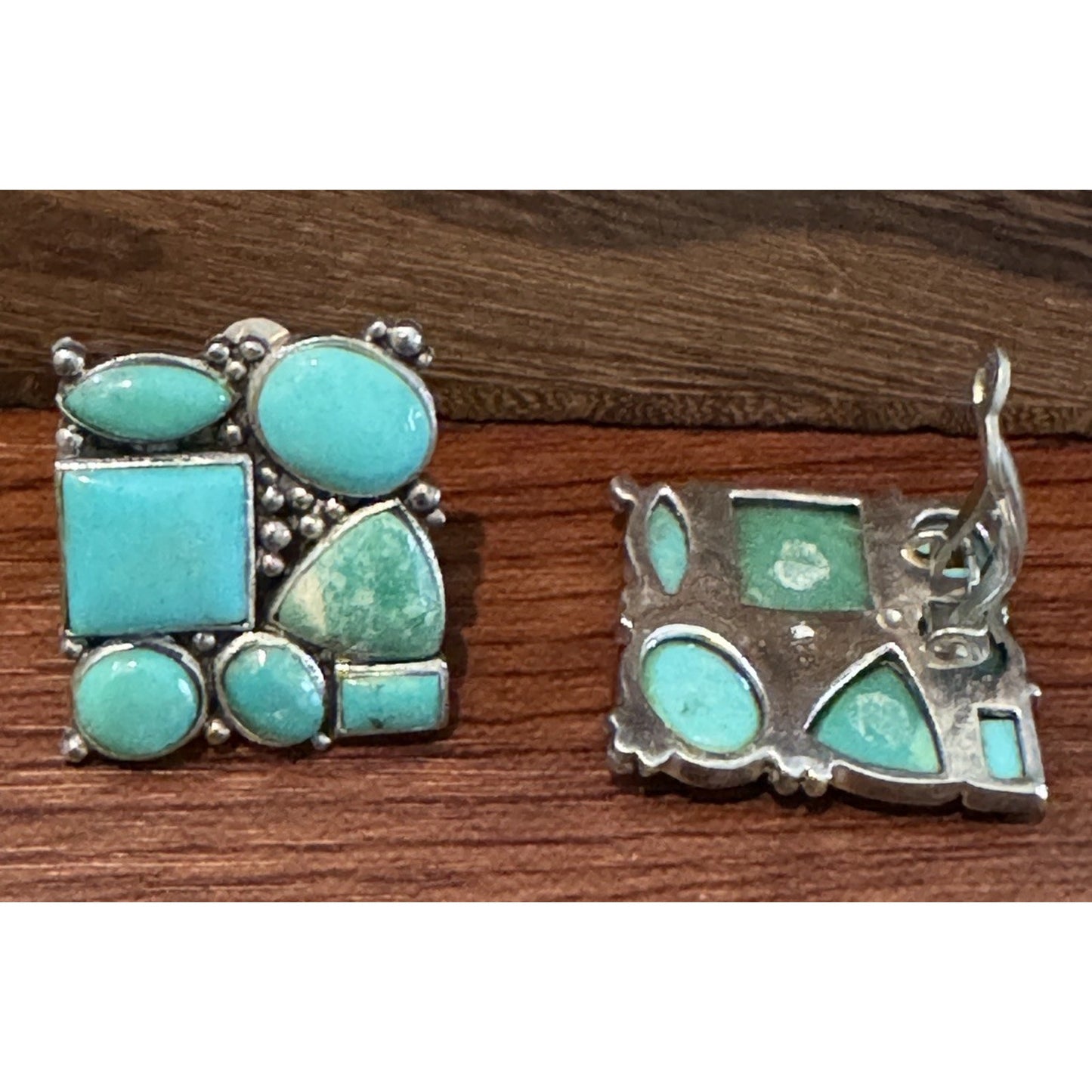 Vintage Sterling Silver Turquoise Clip On Earrings Mosaic Style Southwestern 13g