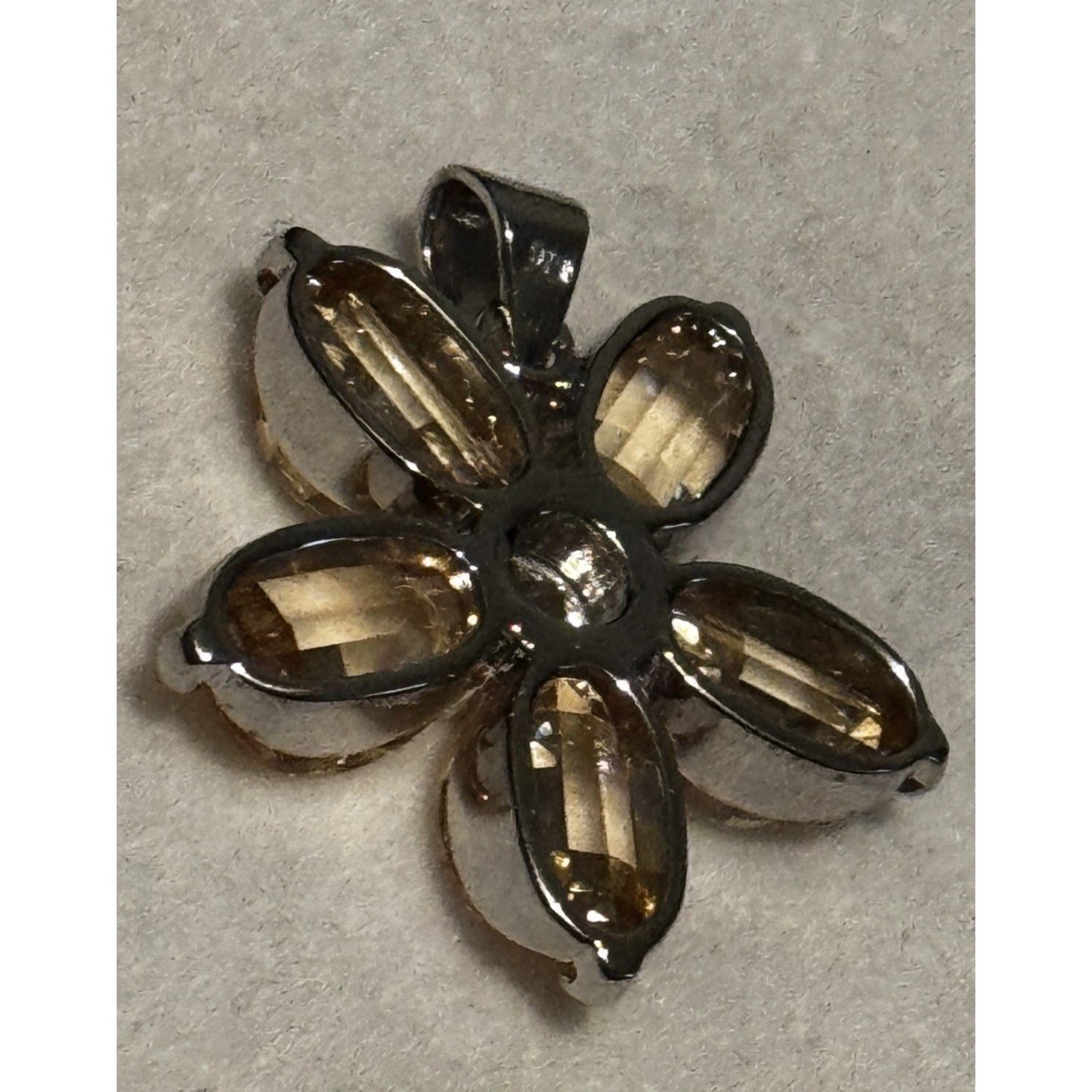 Vintage Sterling Silver Citrine Flower Pendant White Topaz Gem 925 11g