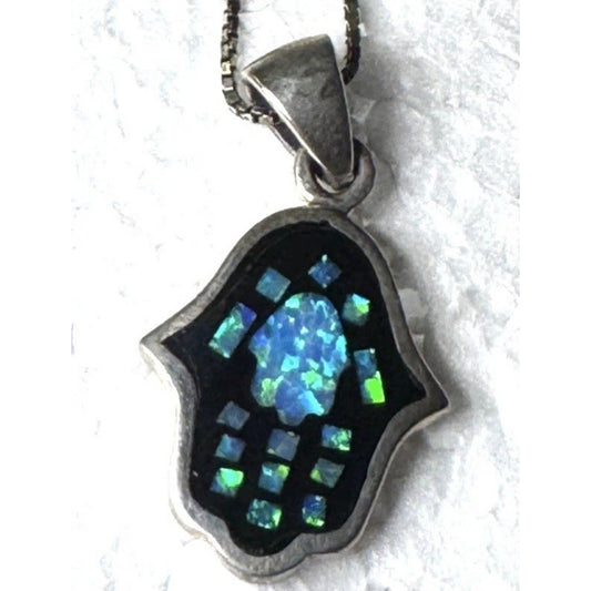 Vintage Sterling Silver Mosaic Opal Hamsa Hand Pendant Or Charm W/ 16” Necklace