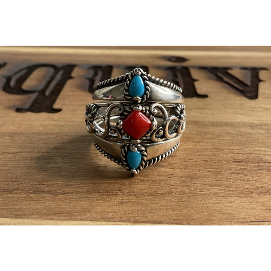 Carolyn Pollack 925 Sterling Silver Turquoise Coral Ring Size 9.75