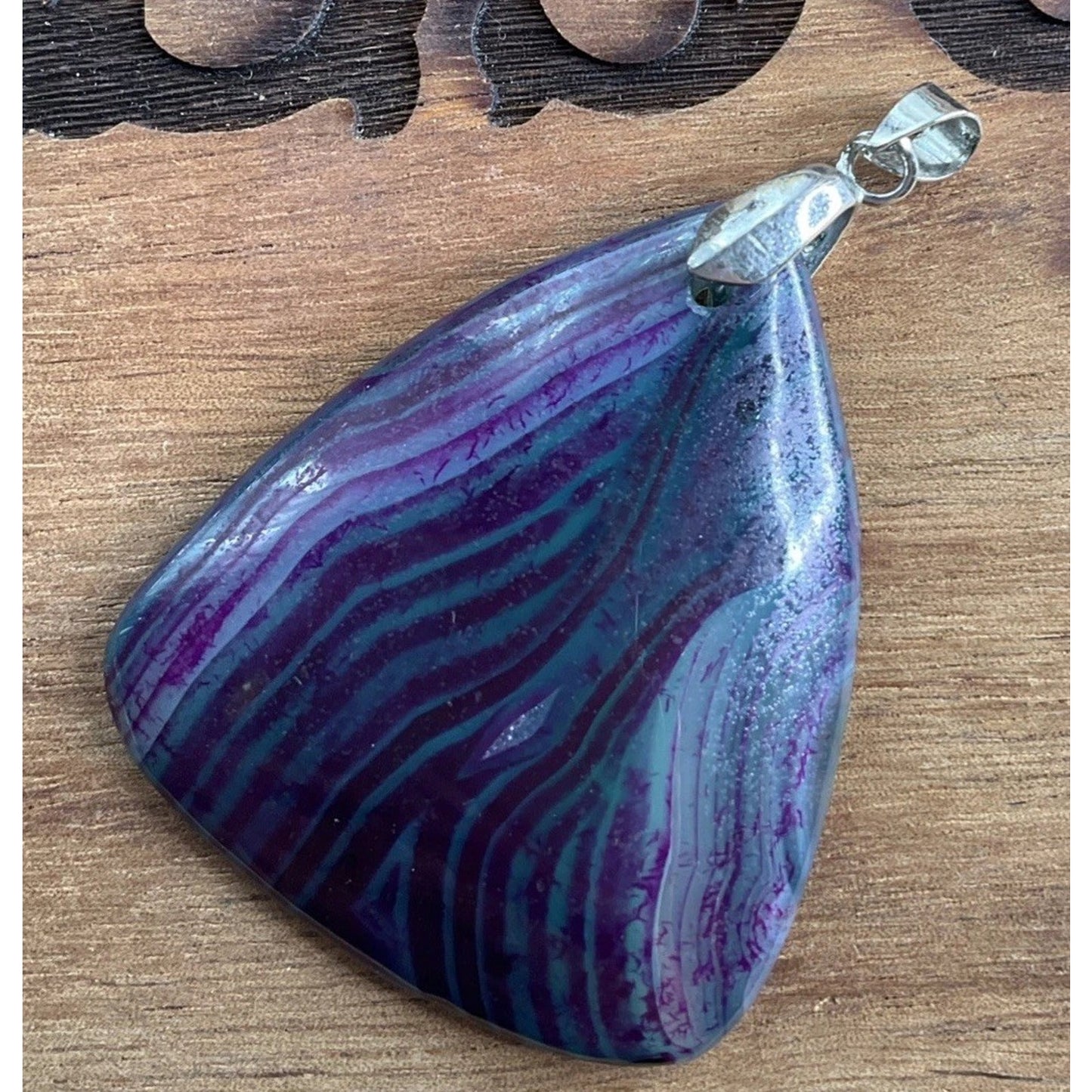 Large Banded Agate Pendant Purple Green Statement Stone Boho Freeform Pendant