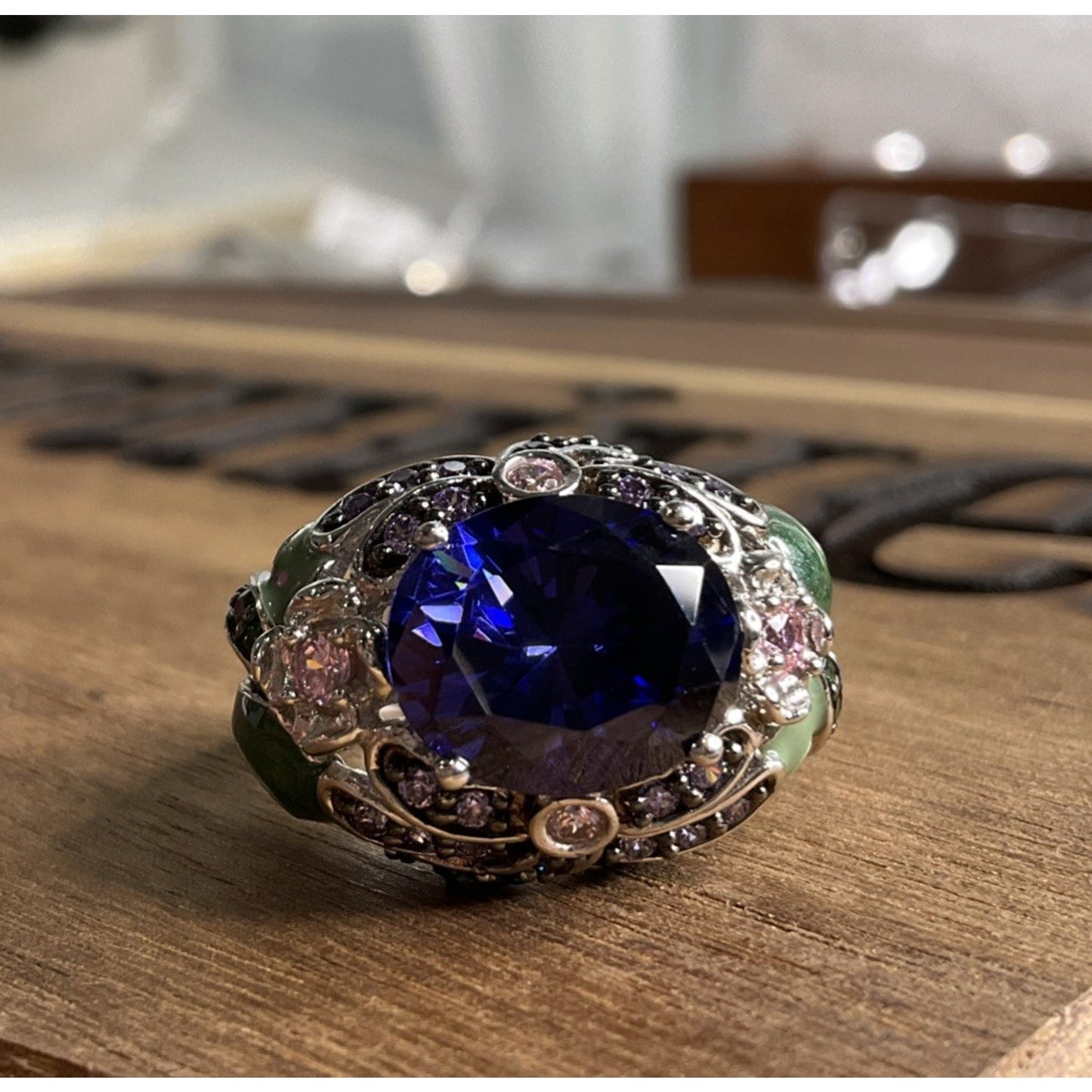 Sterling Silver 925 Blue CZ Cocktail Ring Ornate Enamel Statement Ring Size 6.5