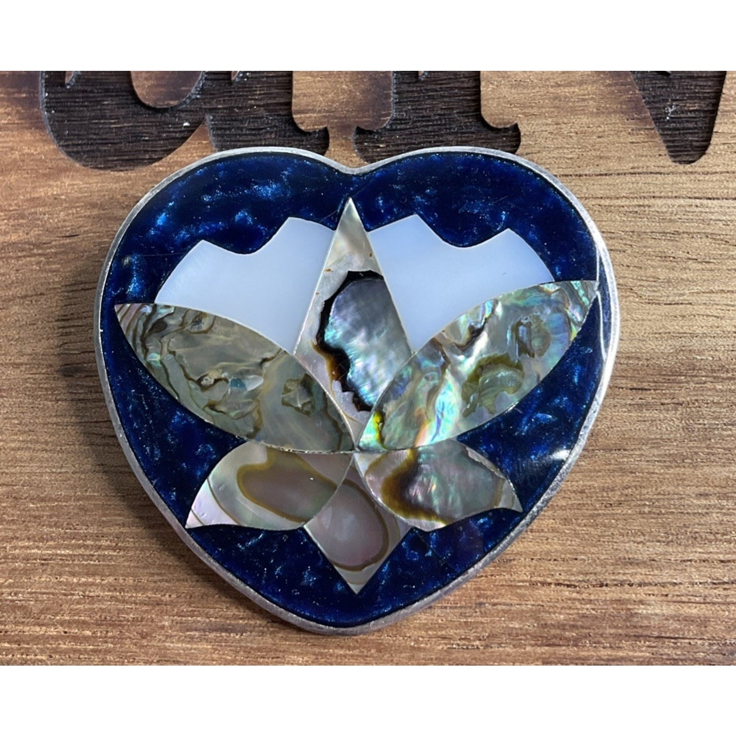 Vintage Alpaca Mexico Abalone Shell Heart Brooch Pin Floral Inlay Mother Pearl