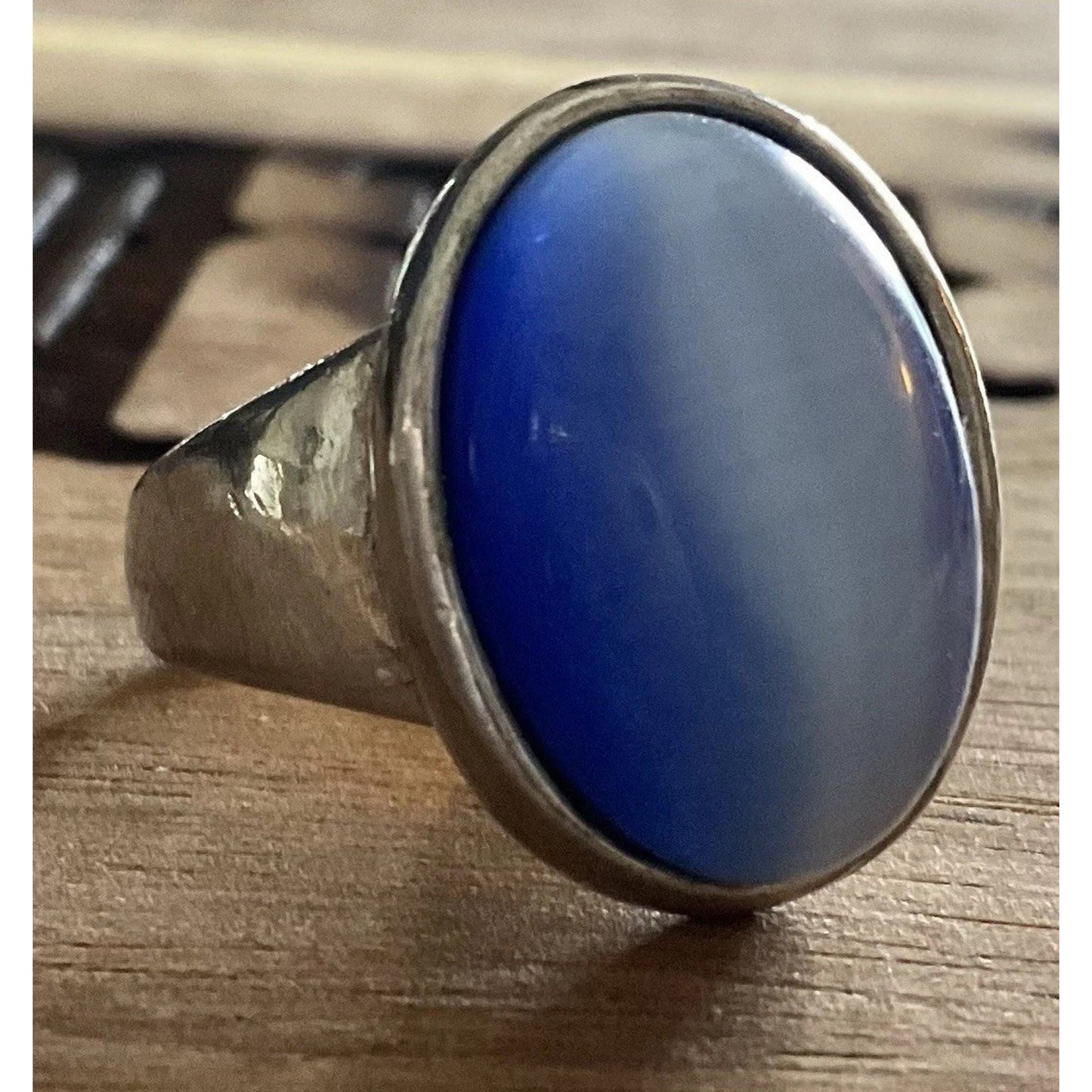 Vintage Large Blue Cabochon Cats Eye Statement Ring 925 Sterling Silver Size 8
