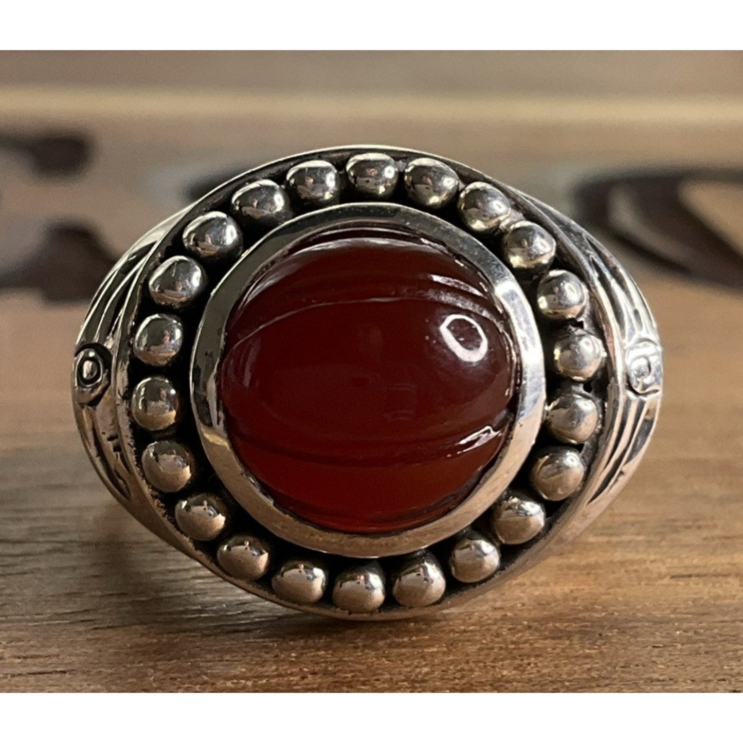 Vintage Doug Paulus DP India Sterling Silver Round Beaded Carnelian Ring Sz 6.5