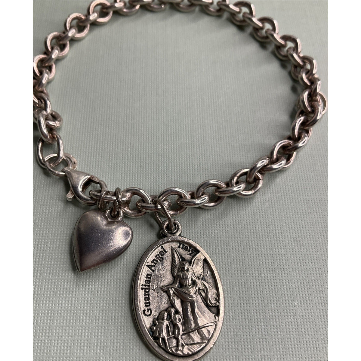 Vintage Italy Sterling Silver Guardian Angel Heart Charm Bracelet