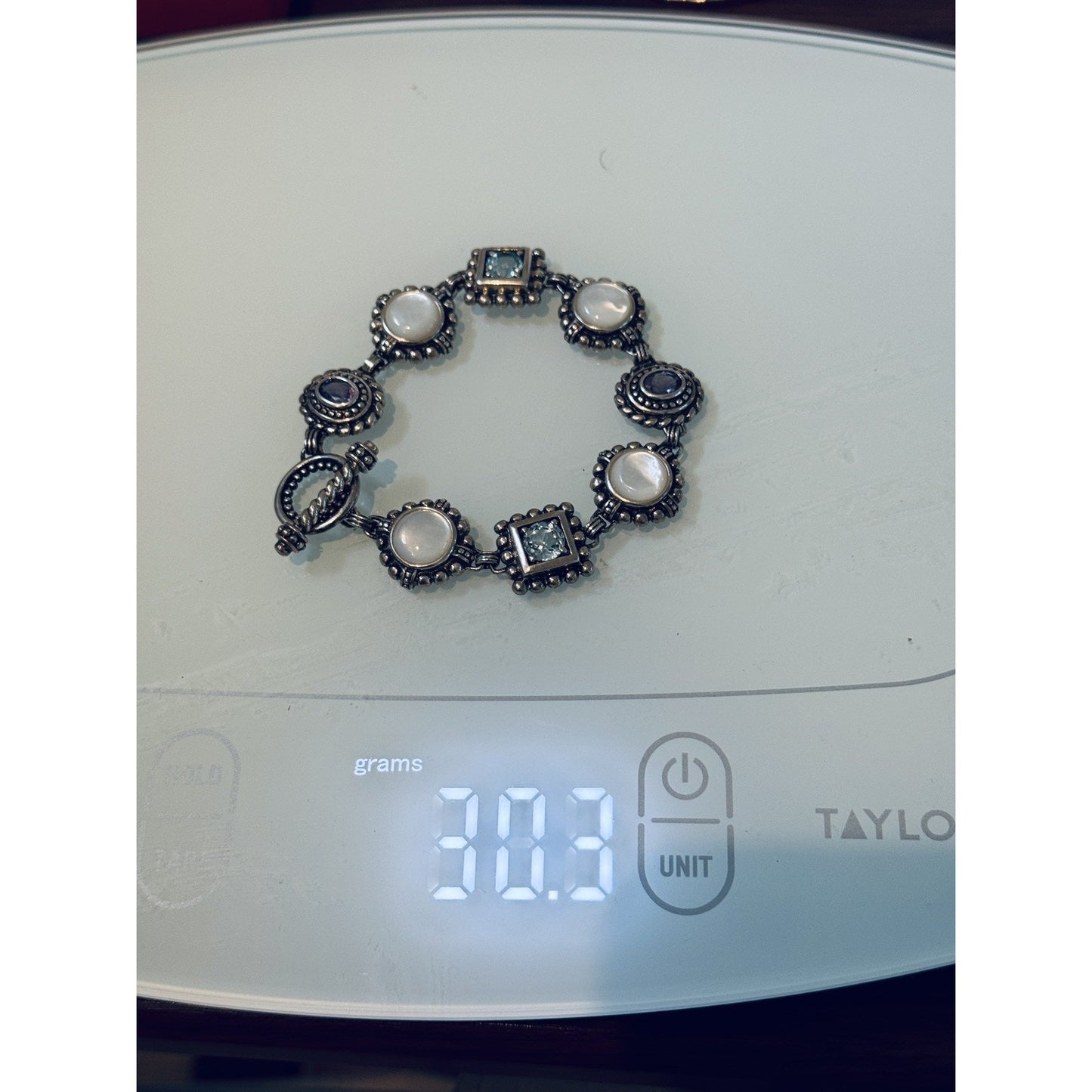 Ross Simons Bali Artisan Sterling 925 MOP Blue Topaz Amethyst Toggle bracelet 8”