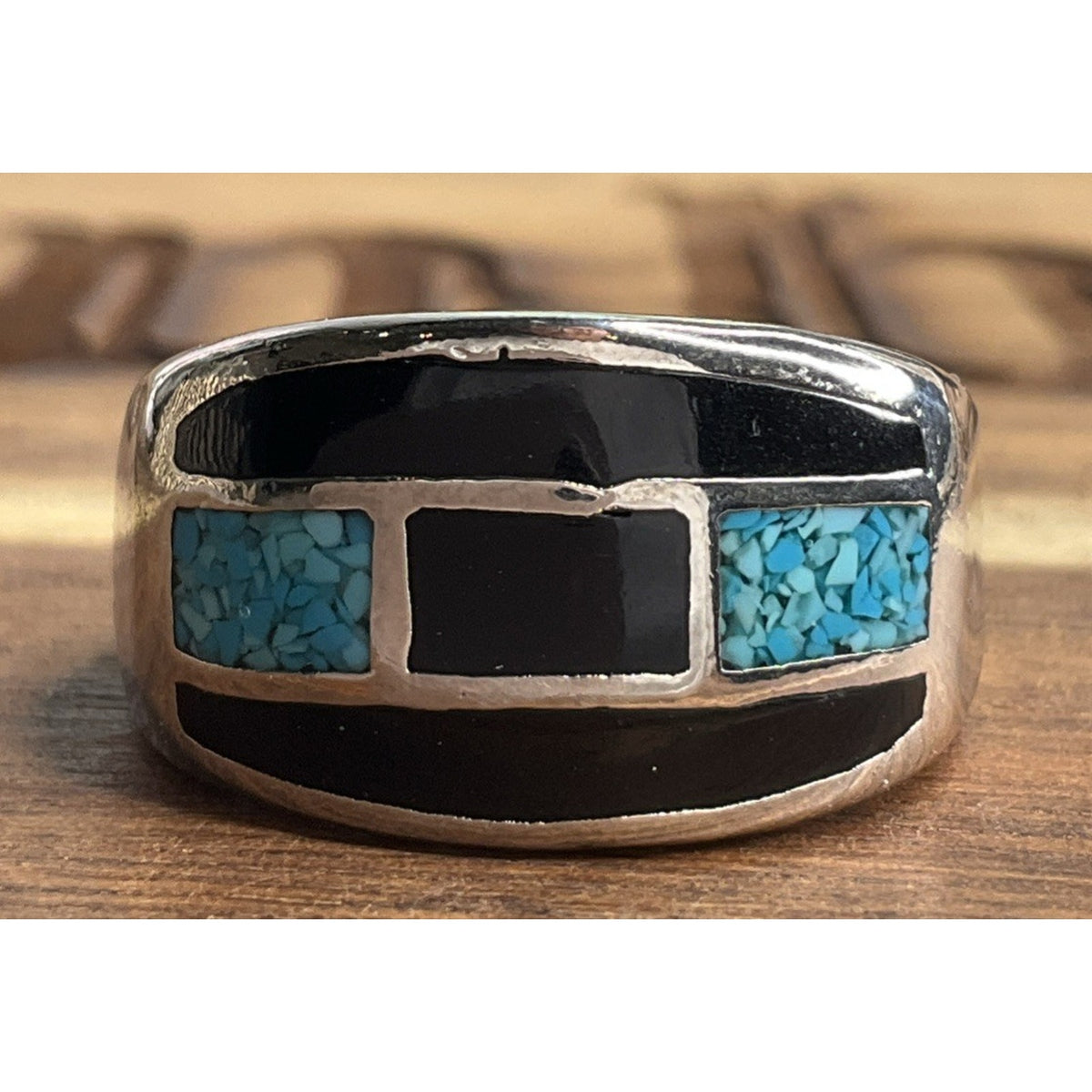 Sterling Silver Turquoise Black Onyx Inlay Ring Size 10 Southwest Band