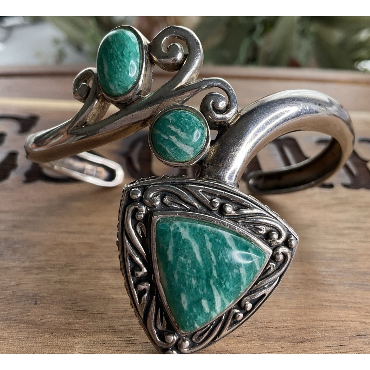 Vintage Sterling Southwestern Silver Signed NK Amazonite Cuff Bracelet 37 Grams!