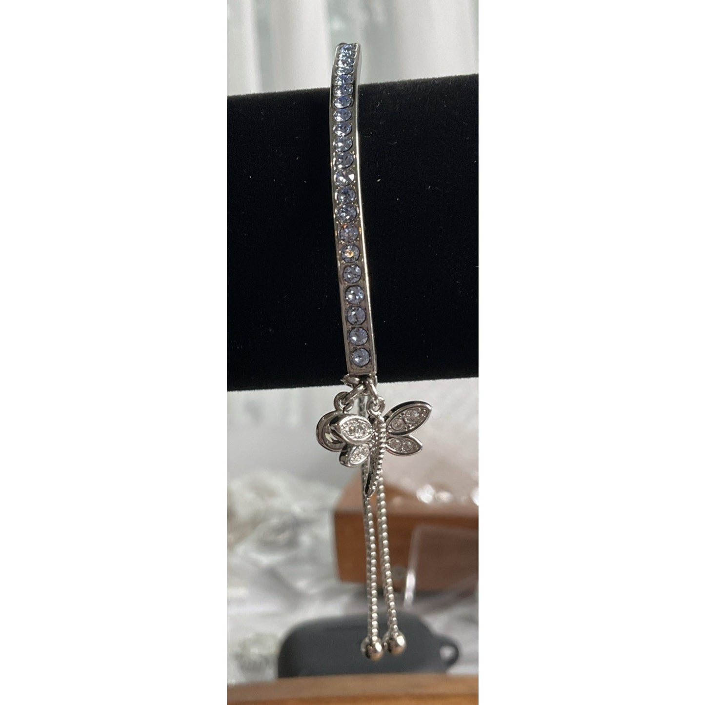 Sterling Silver IBBCN Blue CZ Bar Bracelet Butterfly Charm Adjustable Chain