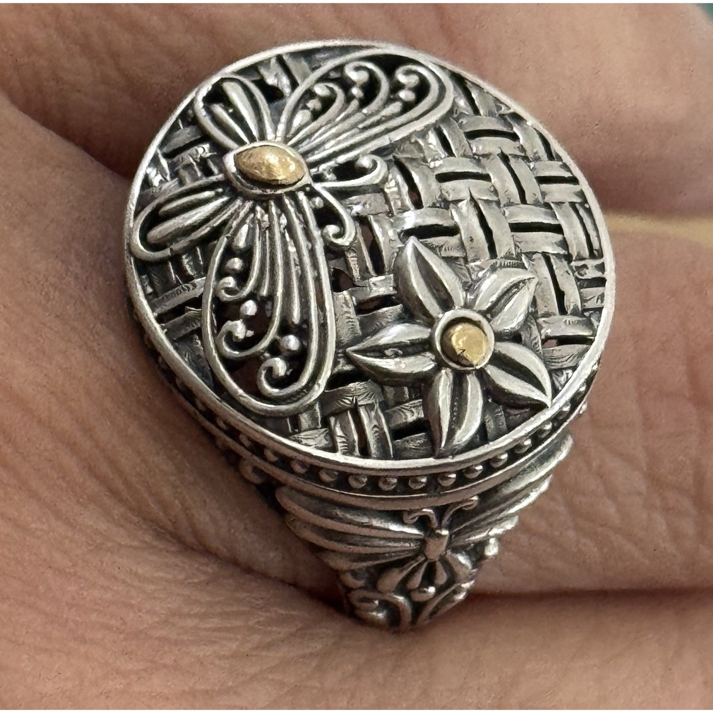 Robert Manse M ID 925 Sterling and 18K Gold Dragonfly Flower Sz 8.5 Bali 7g