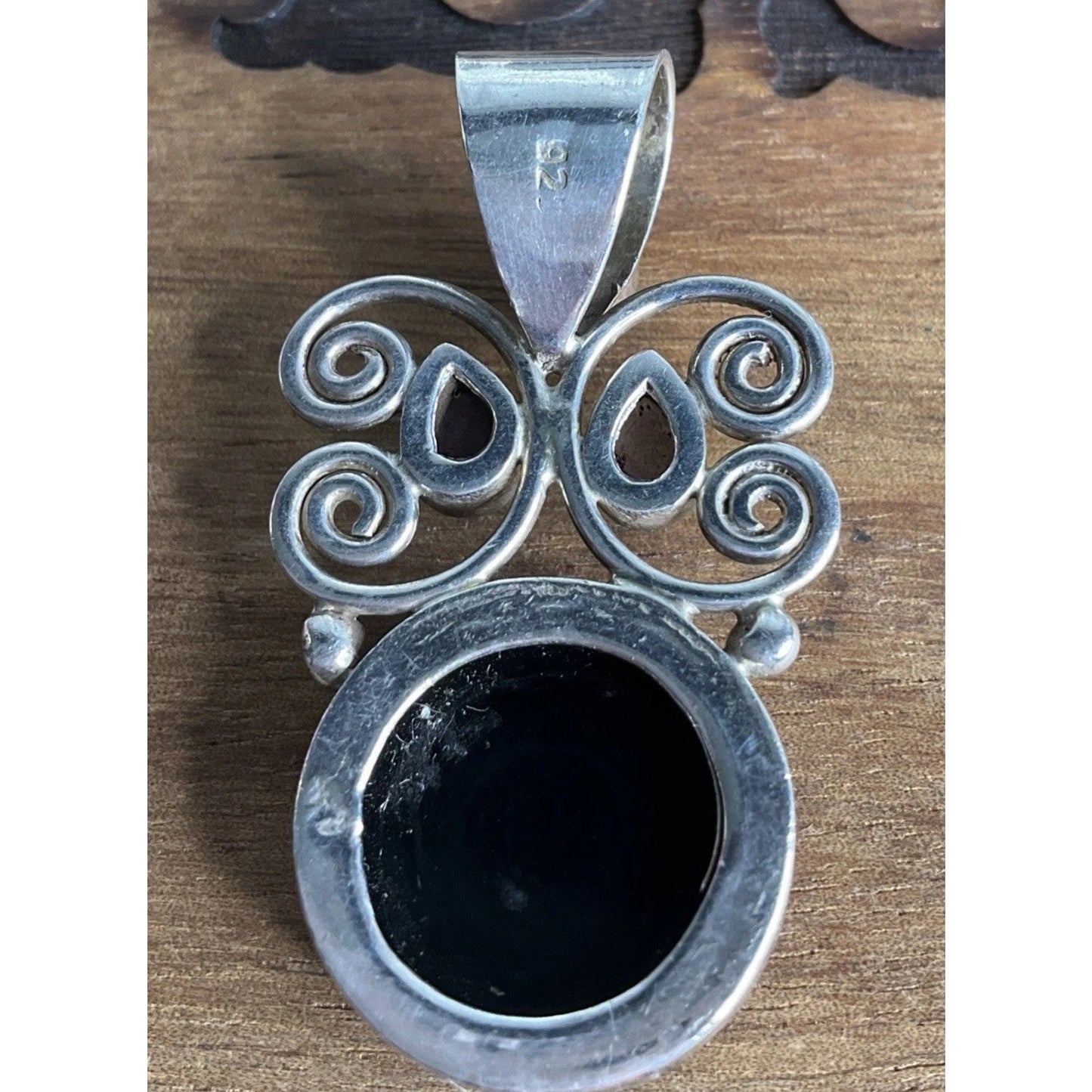 Vintage Sterling Silver Onyx & Amethyst Pendant Artisan Scroll Design