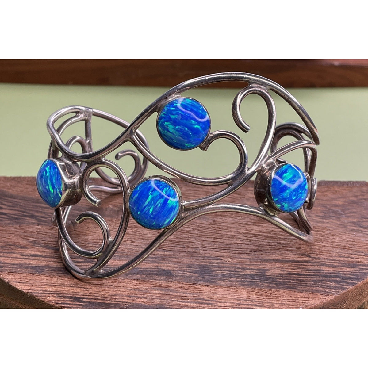 Mexico 925 Sterling Silver Blue Opal Wide Scroll Cuff Bracelet 31g