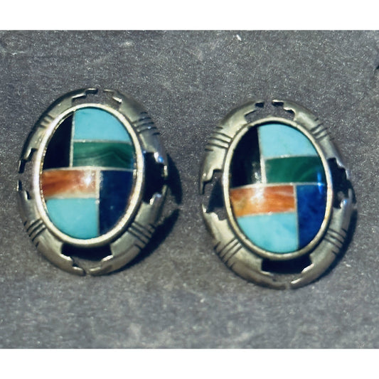 Carolyn Pollack Relios 925 Mosaic Turquoise Malachite Lapis Inlay Earrings