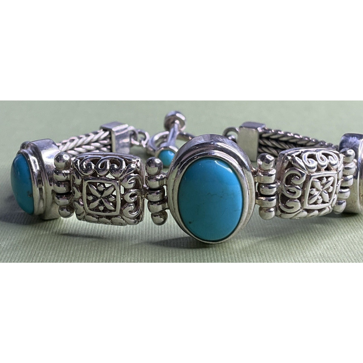 Vintage 925 Sterling Silver Turquoise Bracelet Ornate Filigree Woven Chain 30gr
