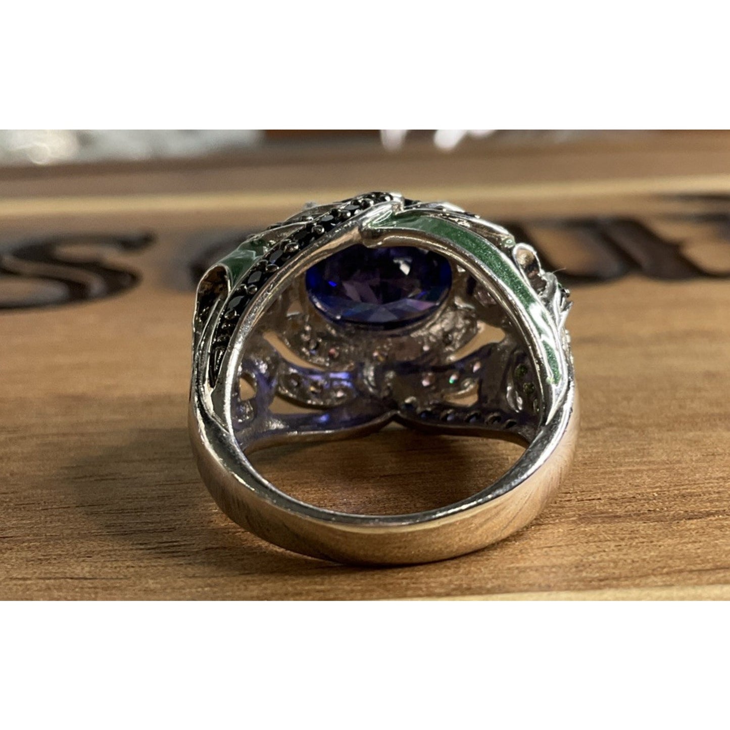 Sterling Silver 925 Blue CZ Cocktail Ring Ornate Enamel Statement Ring Size 6.5