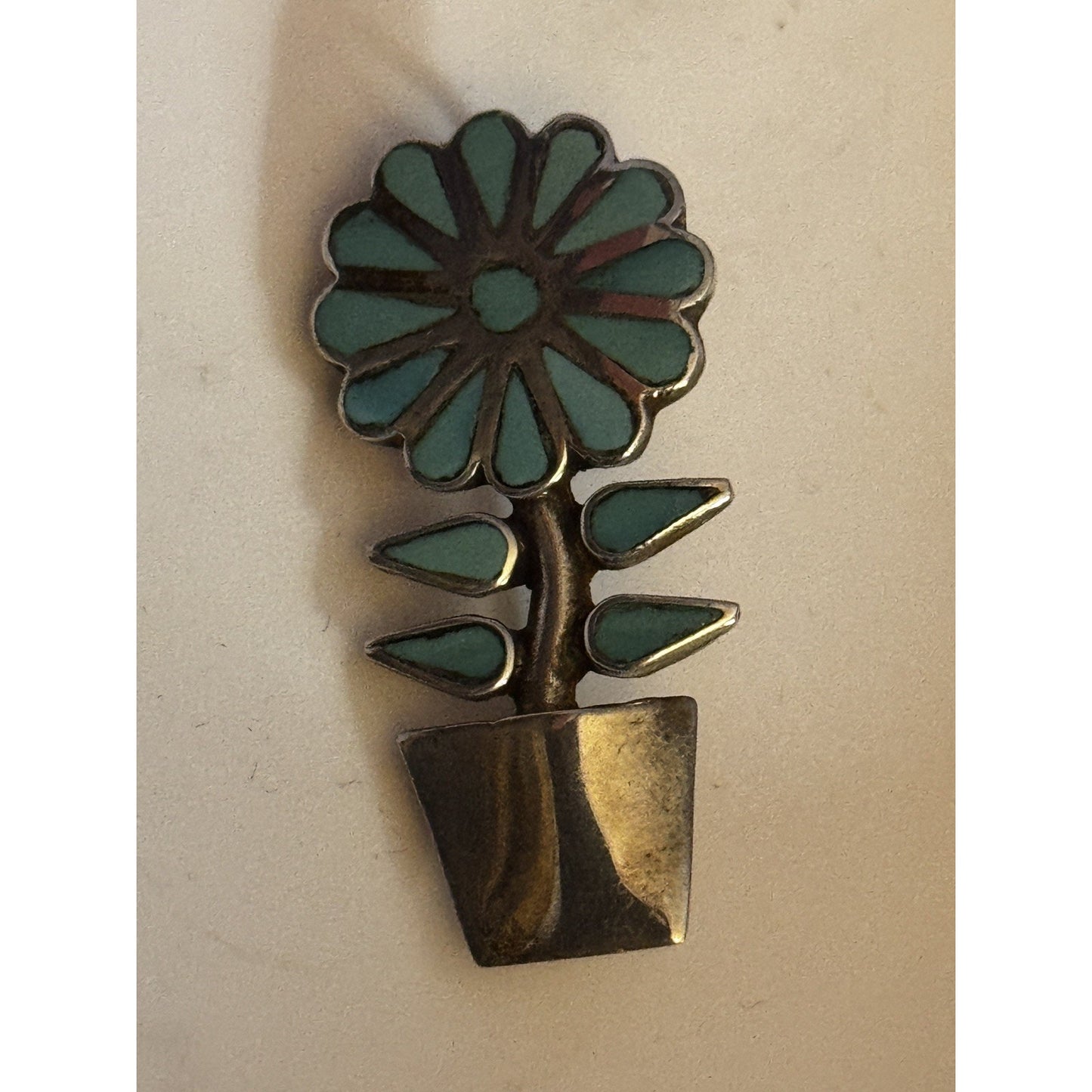 Zuni Sterling Silver Turquoise Flower Pot Brooch/Pin Pendant Signed Vintage