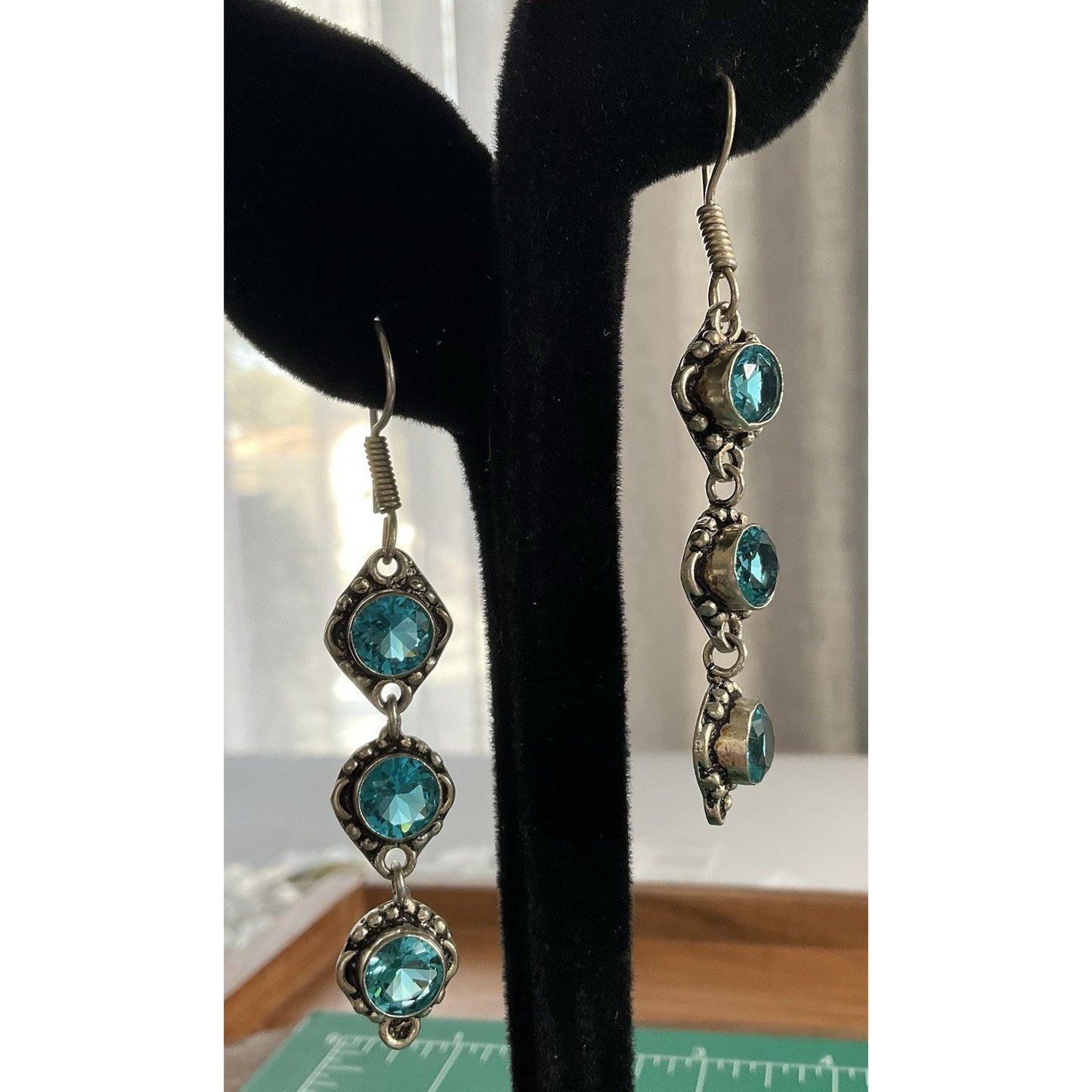 Sterling Silver Blue Topaz Dangle Earrings Long Drop Vintage Style 925