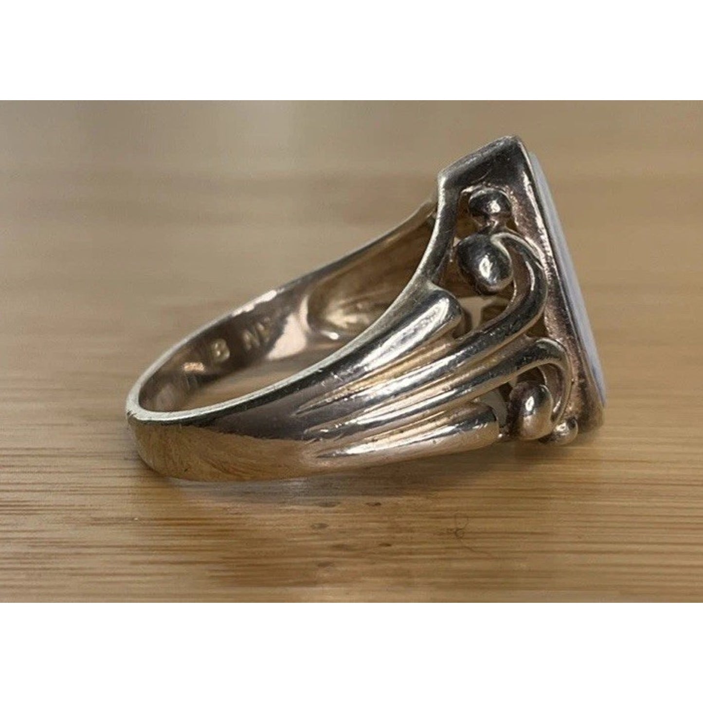 Vintage Sterling Silver Mother of Pearl Ring Oval Cabochon Scroll Filigree Sz 8