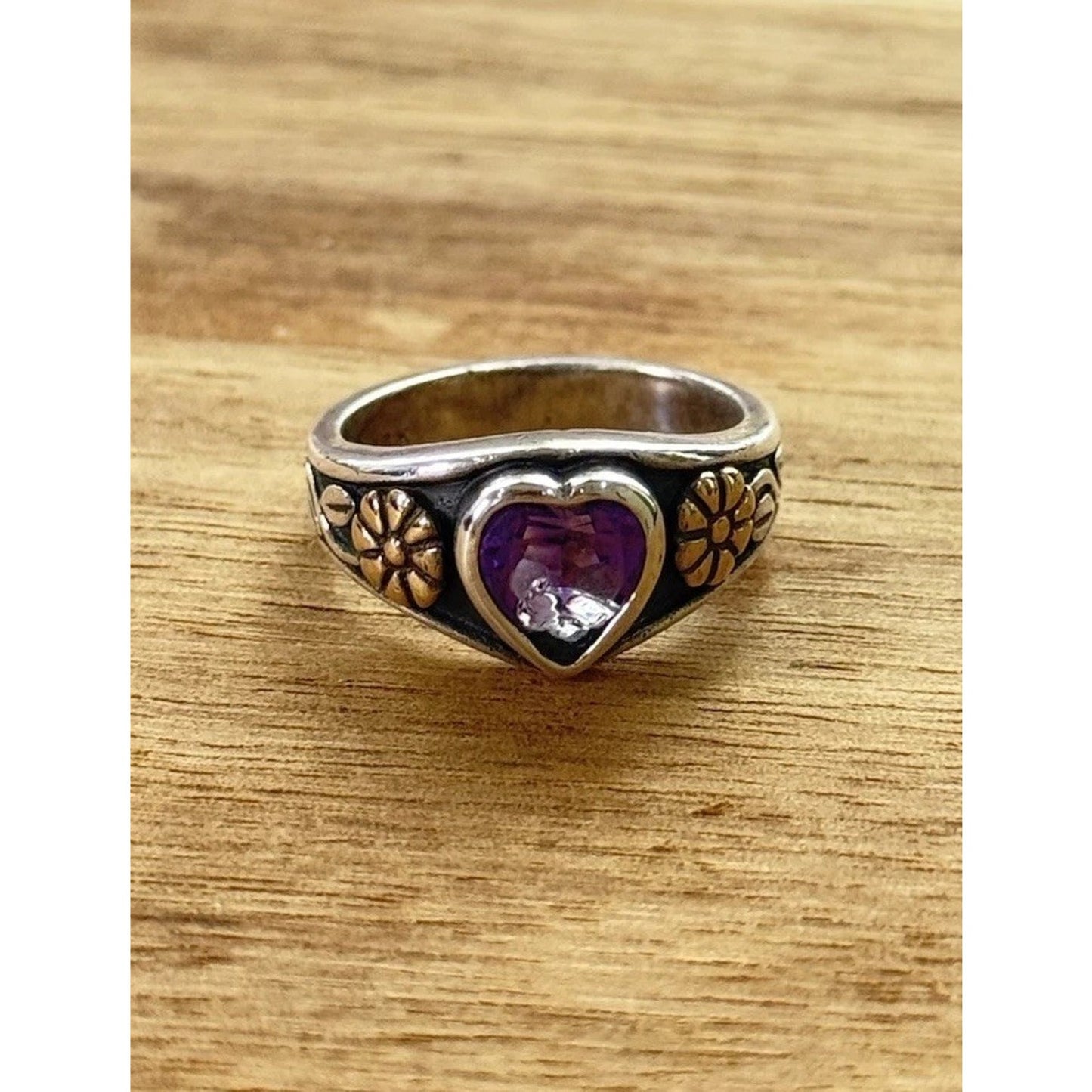 James Avery Retired Amethyst Heart 14kt Gold Flower Sterling Silver Ring Size 5