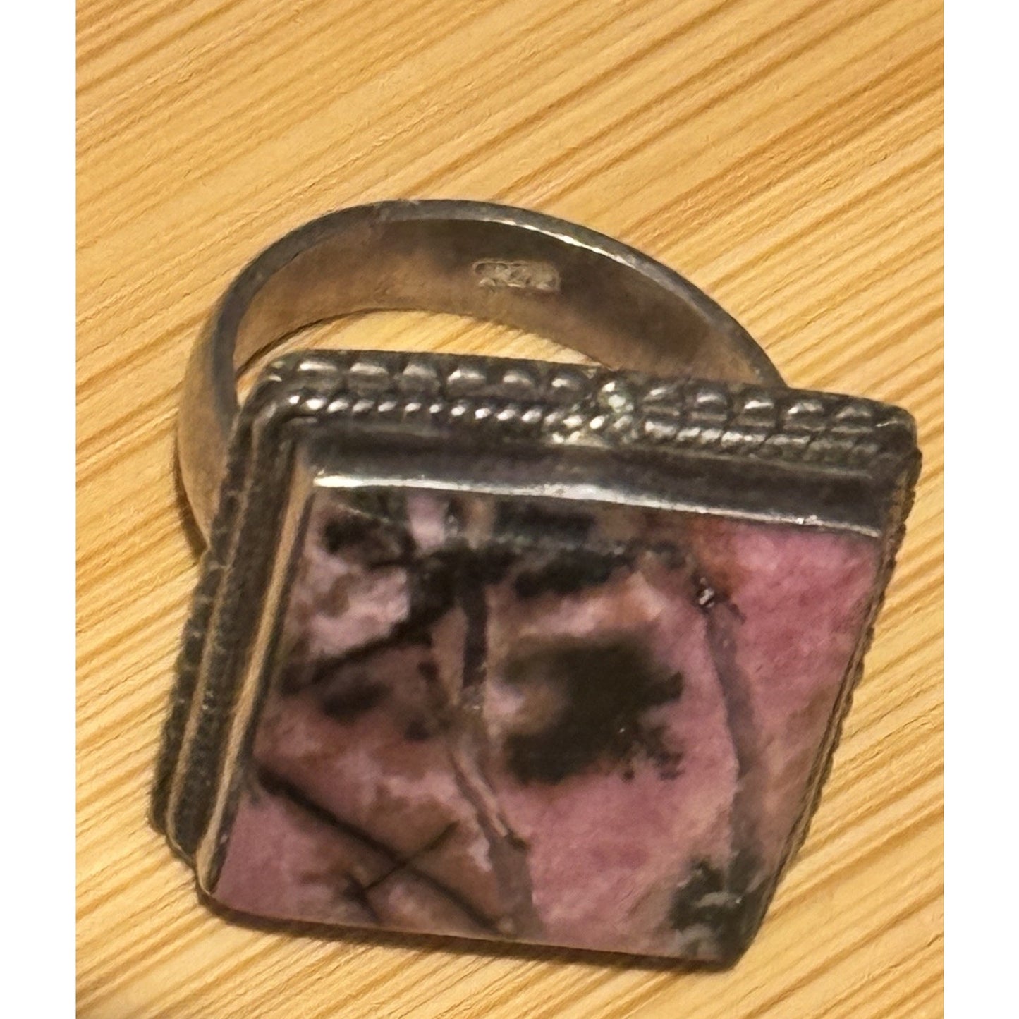 Estate Vintage Sterling Silver Rhodonite Artisan Geometric Statement Ring Size 9