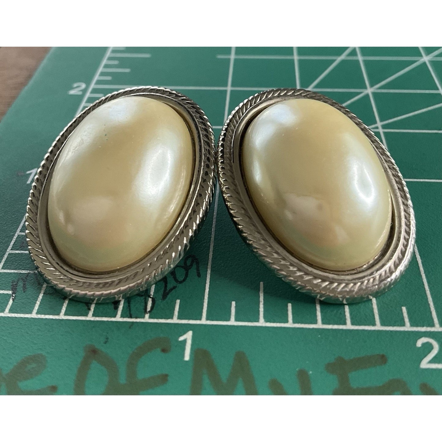 Vintage Faux Pearl Clip-On Earrings Silver Tone Large Oval Statement Earrings